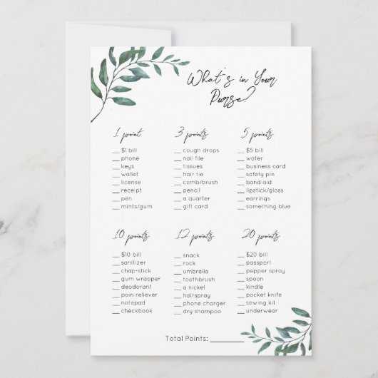 Wat zit er in je tas- Bruids / Baby shower Spel Feestdagenkaart (Voorkant)