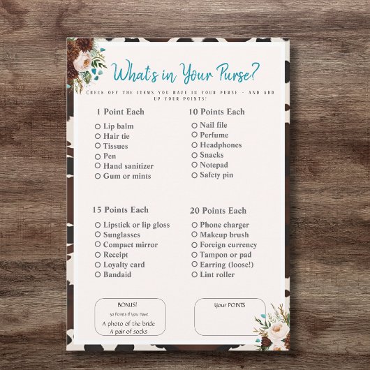 Wat zit er in je tas? Bruids Boho Shower spel Kaart