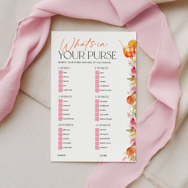 Wat zit er in je tas Bruids Shower Game Spritz (What's in your purse? Bridal Shower game | Love at First Spritz Floral Citrus theme)