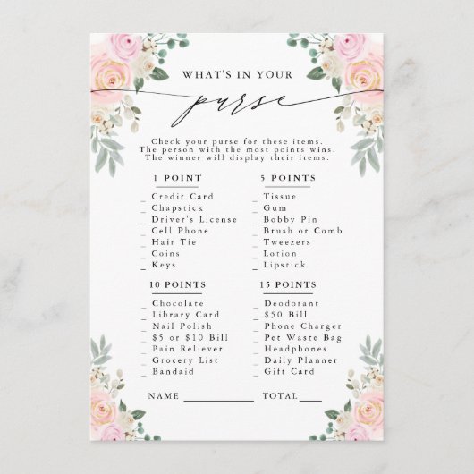 Wat zit er in je tas? Champagne Bloemen Party Spel Informatiekaartje (Voorkant)