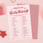 Wat zit er in je tas Christmas Baby shower Game<br><div class="desc">Maak uw evenement gedenkwaardig met onze gepersonaliseerde rood en roze Wat is er in uw portemonnee kerst Baby shower spel! Dit charmante baby shower spel is ideaal voor diegenen die op zoek zijn naar unieke baby shower spel ideeën voor een kerst baby shower. Ideaal voor een Santa Baby baby shower...</div>