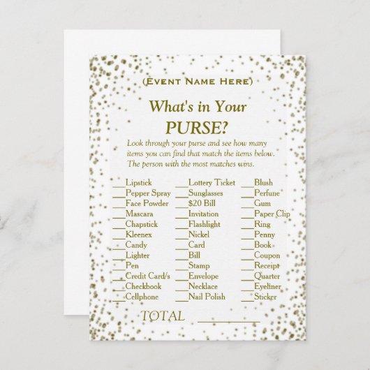 Wat zit er in je tas? | GoudConfetti Uitnodiging Briefkaart (Voorkant / Achterkant)