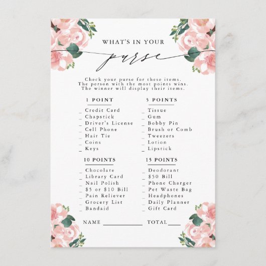 Wat zit er in je tas? Laarzen & Bubbly Party spel Informatiekaartje (Voorkant)