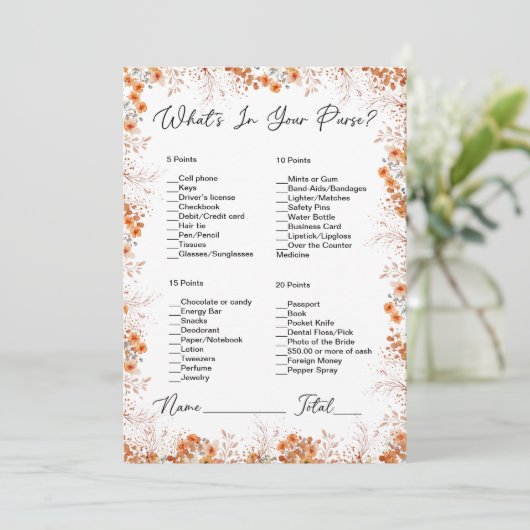 Wat zit er in je tas Oranje bloemige Vrijgezellenf Kaart (Staand voorkant)