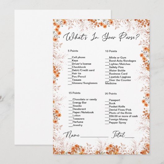 Wat zit er in je tas Oranje bloemige Vrijgezellenf Kaart (Voorkant / Achterkant)