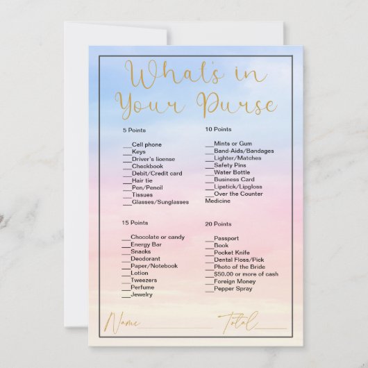 Wat zit er in je tas Pastel Clouds Vrijgezellenfee Kaart (Voorkant)