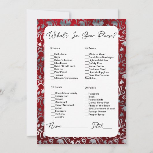 Wat zit er in je tas rood Victoriaans Vrijgezellen Kaart (Voorkant)