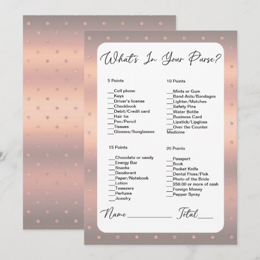 Wat zit er in je tas Roos gouden stip Vrijgezellen Kaart (Voorkant / Achterkant)