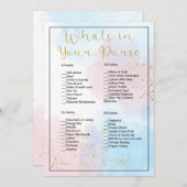 Wat zit er in je tas roze & blauw Vrijgezellenfees Kaart (Voorkant / Achterkant)