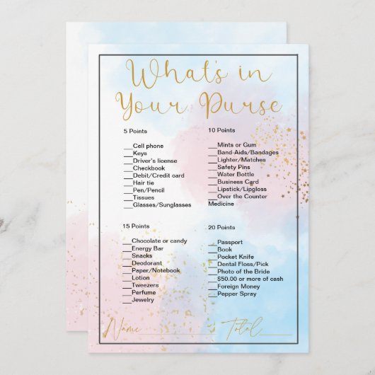 Wat zit er in je tas roze & blauw Vrijgezellenfees Kaart (Voorkant / Achterkant)