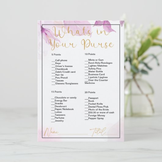 Wat zit er in je tas roze bloemig Vrijgezellenfees Kaart (Staand voorkant)