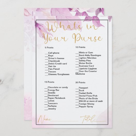 Wat zit er in je tas roze bloemig Vrijgezellenfees Kaart (Voorkant / Achterkant)