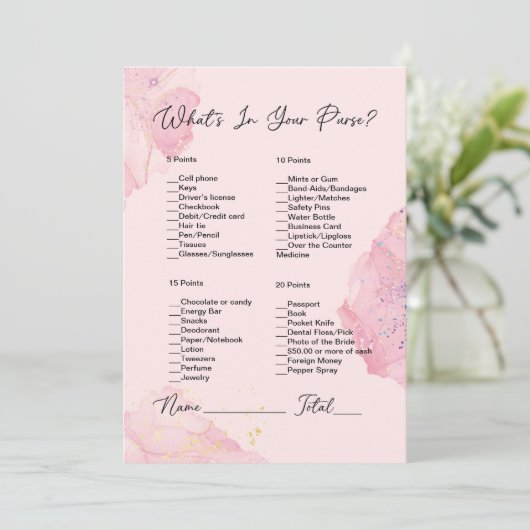 Wat zit er in je tas roze & blush Vrijgezellenfees Kaart (Staand voorkant)