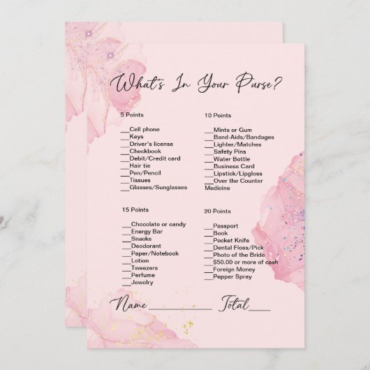 Wat zit er in je tas roze & blush Vrijgezellenfees Kaart (Voorkant / Achterkant)