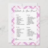 Wat zit er in je tas roze geruite Vrijgezellenfees Kaart (Voorkant)