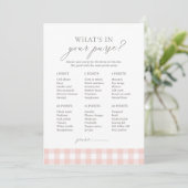 Wat zit er in je tas roze Gingham Baby shower spel Kaart (Staand voorkant)