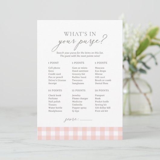 Wat zit er in je tas roze Gingham Baby shower spel Kaart (Staand voorkant)