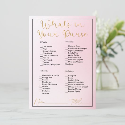 Wat zit er in je tas Roze Ombre Bruidsdouche Kaart (Staand voorkant)
