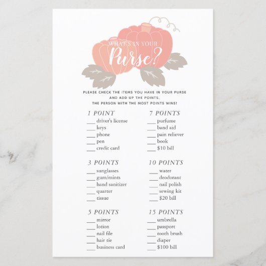 Wat zit er in je tas Roze Pompoen Baby Shower Spel (Voorkant)