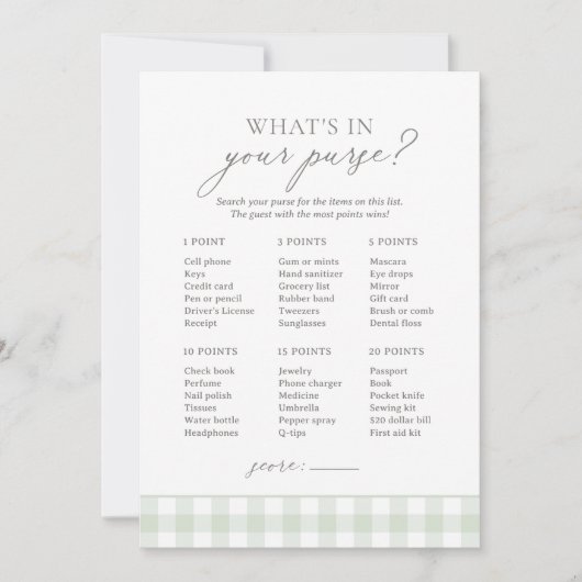 Wat zit er in je tas Sage Gingham Baby shower spel Kaart (Voorkant)