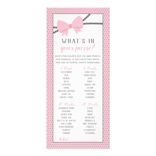 Wat zit er in je tas spel, kleine dame reclamekaart (Voorkant)