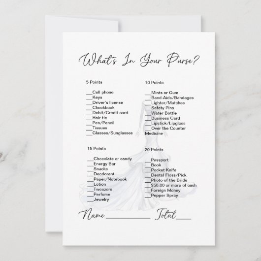 Wat zit er in je tas trouwjurk Vrijgezellenfeest Kaart (Voorkant)