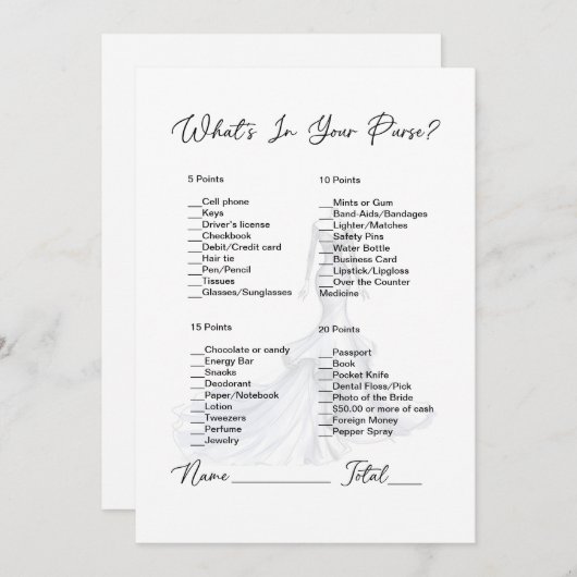 Wat zit er in je tas trouwjurk Vrijgezellenfeest Kaart (Voorkant / Achterkant)