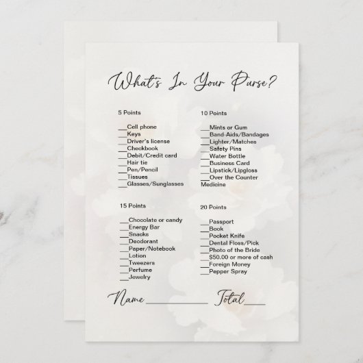 Wat zit er in je tas wit bloemig Vrijgezellenfeest Kaart (Voorkant / Achterkant)