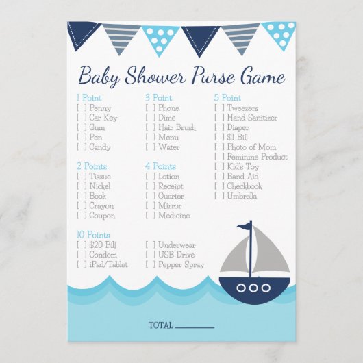 Wat zit er in je tas? – Zeeman babyshower spel Programmakaart (Voorkant)