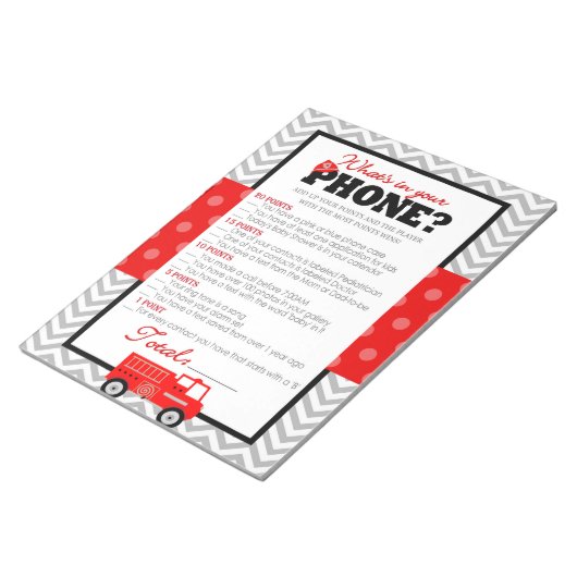 Wat zit er in je telefoon Firetruck Baby shower sp Notitieblok (Schuin)