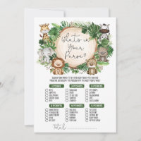 Wat zit er in uw Oerwoud Baby shower Game Kaart