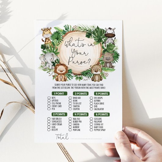 Wat zit er in uw Oerwoud Baby shower Game Kaart