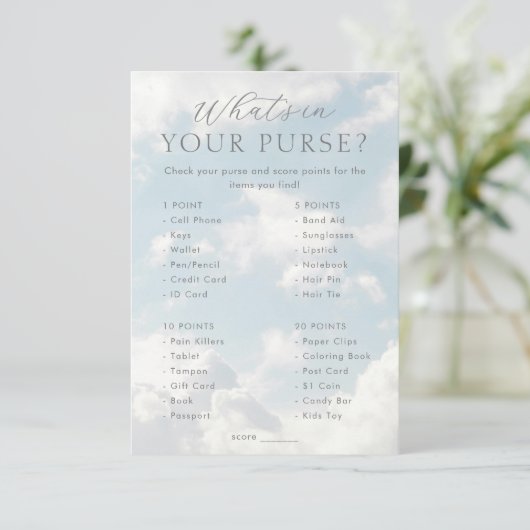 Wat zit er in uw portemonnee Baby shower games Informatiekaartje (Staand voorkant)