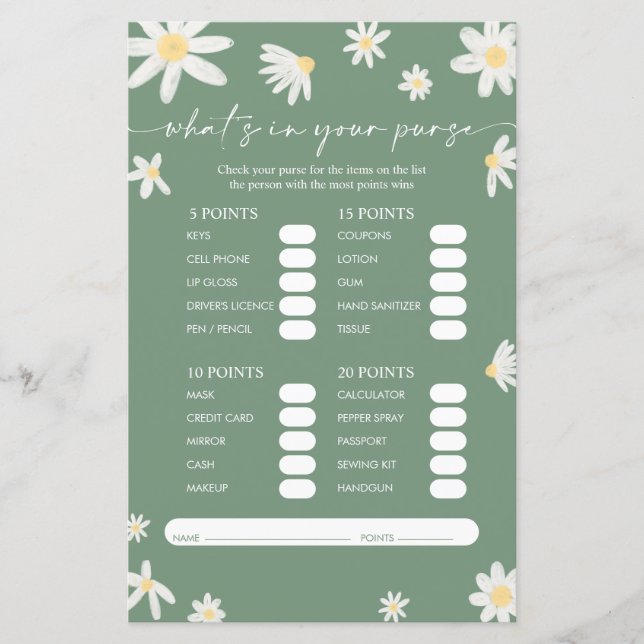 Wat zit er in uw portemonnee Baby shower spel (Voorkant)