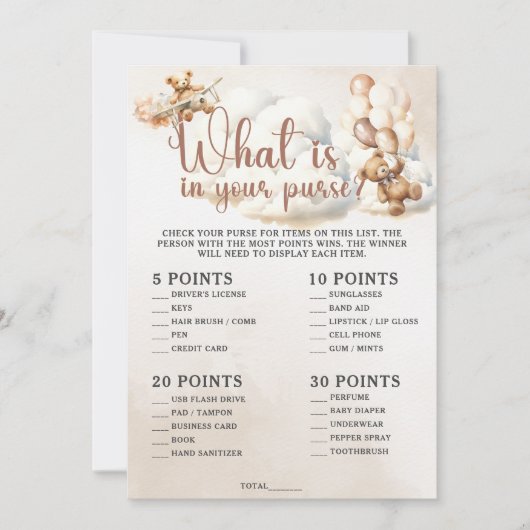 WAT ZIT ER IN UW PORTEMONNEE Baby shower Spel Scha Kaart (Voorkant)