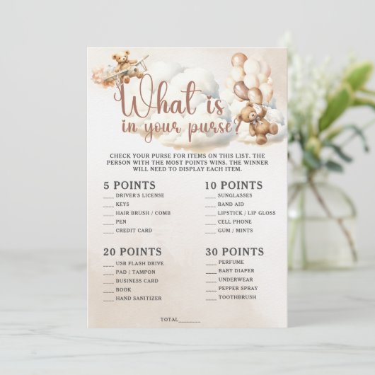 WAT ZIT ER IN UW PORTEMONNEE Baby shower Spel Scha Kaart (Staand voorkant)