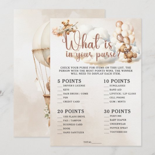 WAT ZIT ER IN UW PORTEMONNEE Baby shower Spel Scha Kaart (Voorkant / Achterkant)