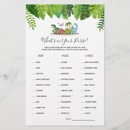 Wat zit er in uw Purse Dinosaur Baby shower Game (Voorkant)