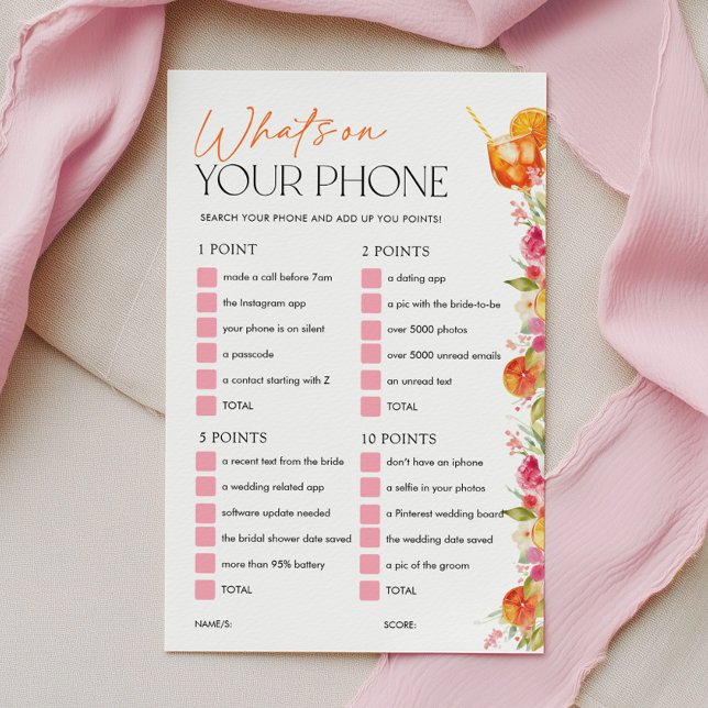 Wat zit er op je telefoon Bruidsshowerspel Spritz (What's on your phone? Bridal Shower Citrus Theme | Love at First Spritz | Pink Orange)