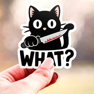 Wat? Zwarte Kat met Mes Grappige Vinyl Sticker