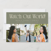 Watch Out World Multi Photo Sage Green Graduation Aankondiging (Voorkant)
