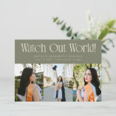 Watch Out World Multi Photo Sage Green Graduation Aankondiging (Staand voorkant)