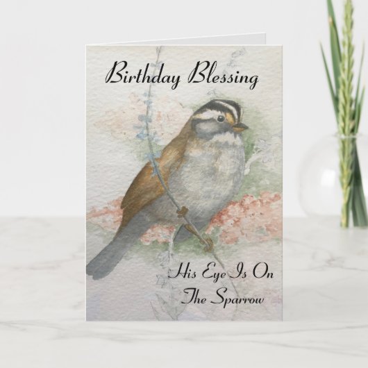 Watchful Sparrow Verjaardag Zegen Vogel Waterverf Kaart (Voorkant)