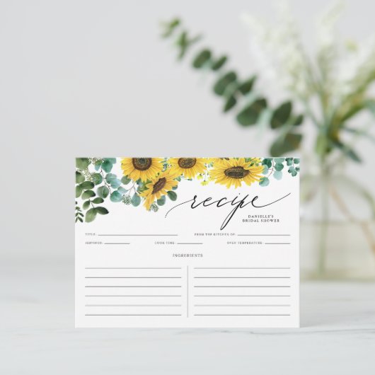 Watecolor Sunflower en Eucalyptus Recipe Kaart (Staand voorkant)