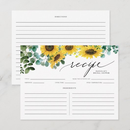 Watecolor Sunflower en Eucalyptus Recipe Kaart (Voorkant / Achterkant)