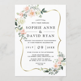 Wateercolor Blush White Flowers Gold Weddenschap Kaart