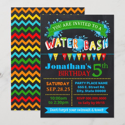 Water Bash Verjaardag Zomer Party Primaire Kleuren Kaart (Voorkant / Achterkant)