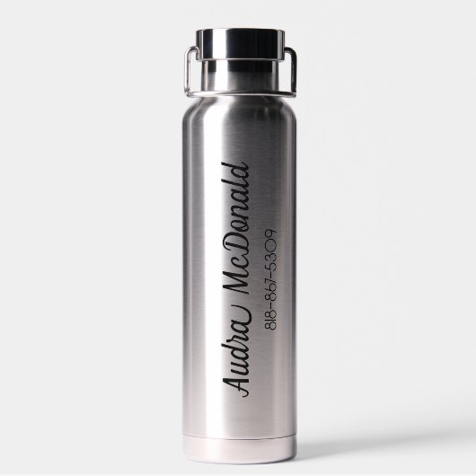 Water Bottle with Black Cursive Name, Phone, Year Waterfles (Achterkant)