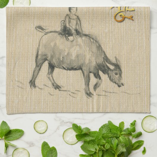 Water Buffalo Kind Chinees Ox 2021 C kleur T Theedoek (Gevouwen)