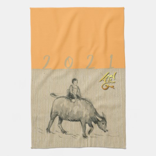 Water Buffalo Kind Chinees Ox 2021 C kleur T Theedoek (Verticaal)